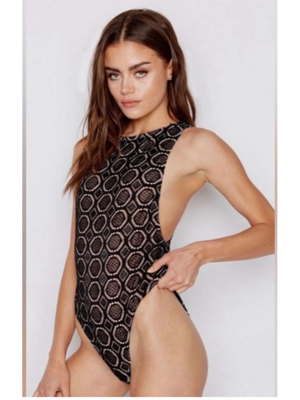🖤✨ NWT, Ris-K Swimwear "Chance" one-piece knit swimsuit, black/nude, size Large